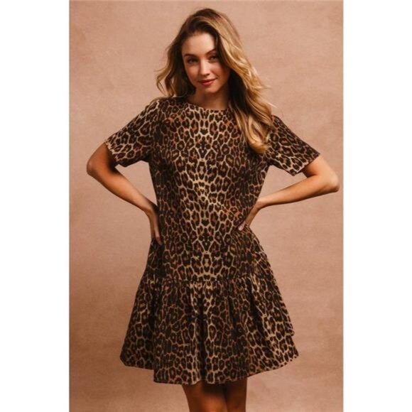 BiBi Tie Back Leopard Round Neck Short Sleeve Dress - Picture 2 of 7